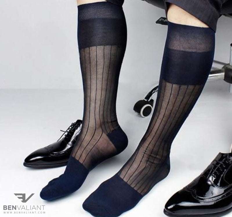sheer dress socks men Men\'s Sexy Knee High Long Striped Dress Silk Sheer Socks Transparent Stockings